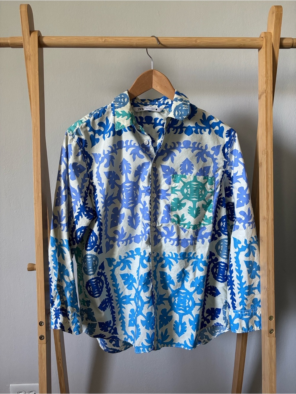 Zara Blue, Teal & White Printed Button-Down Shirt